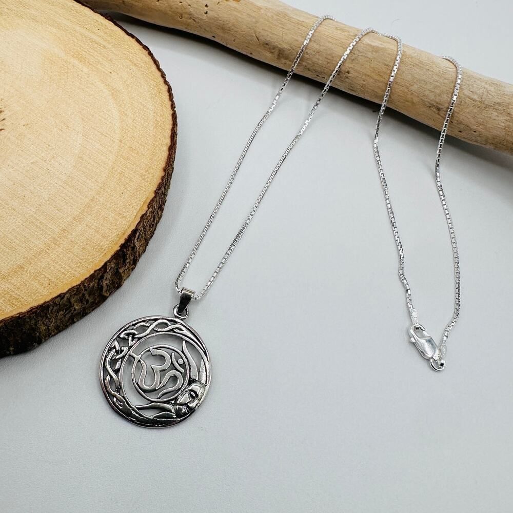 Sterling Silver Om Pendant Necklace-Celtic Circle 925 Silver, Yoga, Meditation